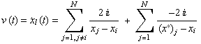 v (t) = Overscript[x, .] _l (t) = Underoverscript[∑, j = 1, j≠i, arg3] (2 )/(x_j - x_i) + Underoverscript[∑, j = 1, arg3] (-2 )/((x) _j - x_i)